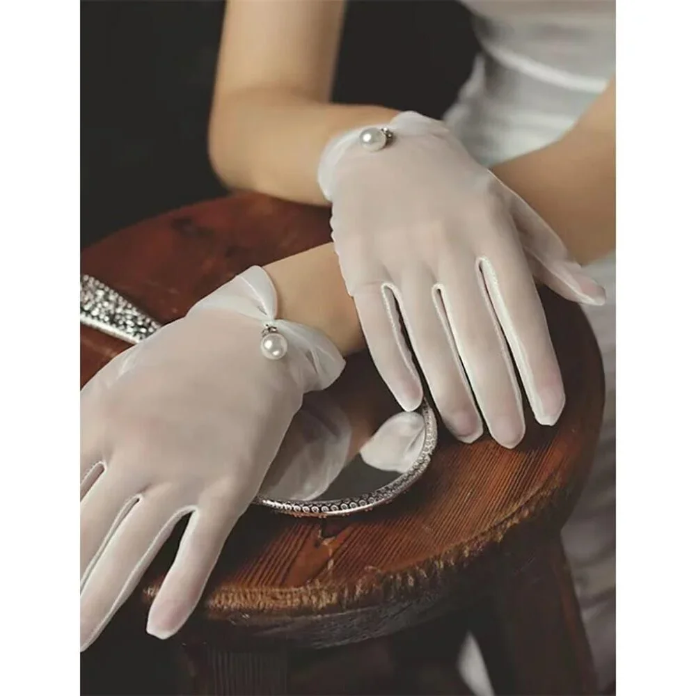 Women's Tan Evening Pearl Short Gloves Wedding Dance Party Tea Accessories